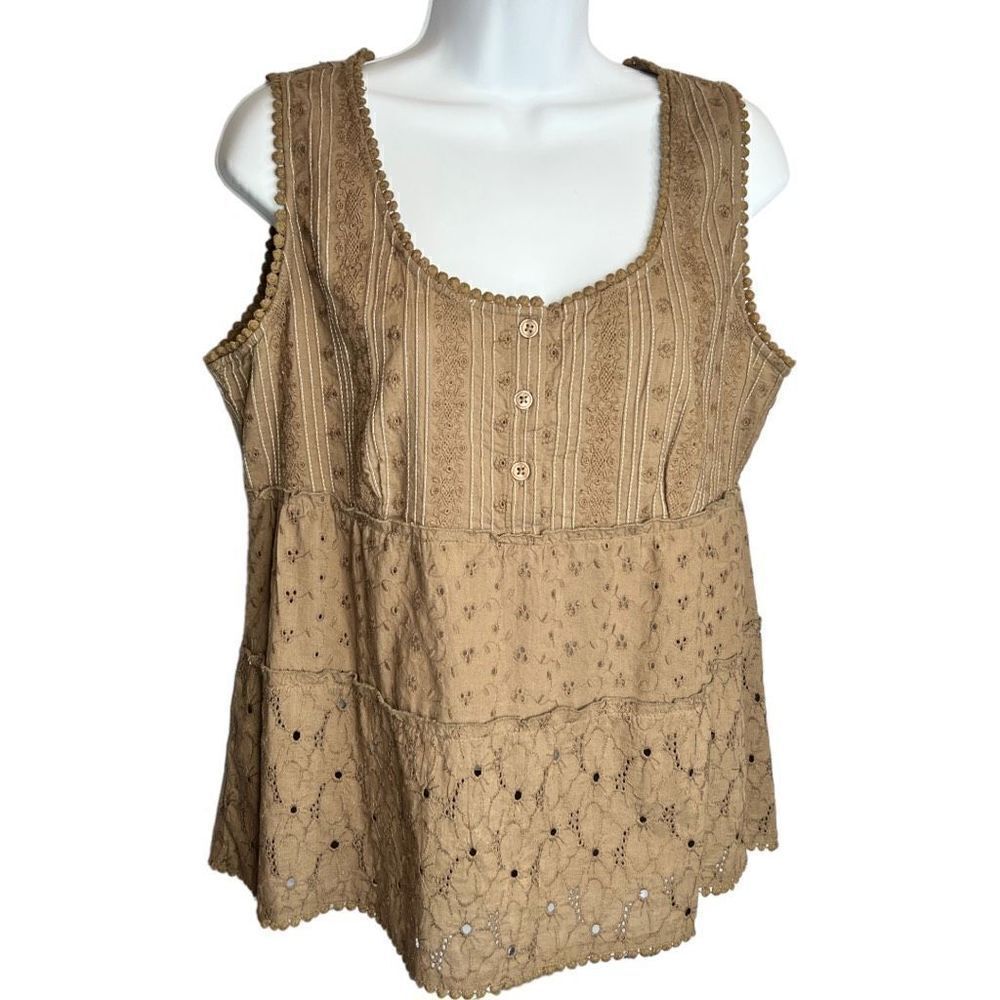 Prana Blouse Women's Medium Brown Trimmed with Lace Open Eyelet Bottom Blouse